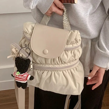 Qfdian Women Trendy All Match Pleated Backpack Korean Casual Preppy Schoolbags Trendy Y2k Aesthetic Nylon Zipper Backpacks for Students